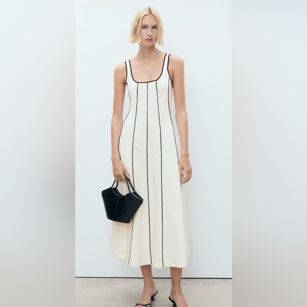 Mango Cream Midi Dress with Black Accents